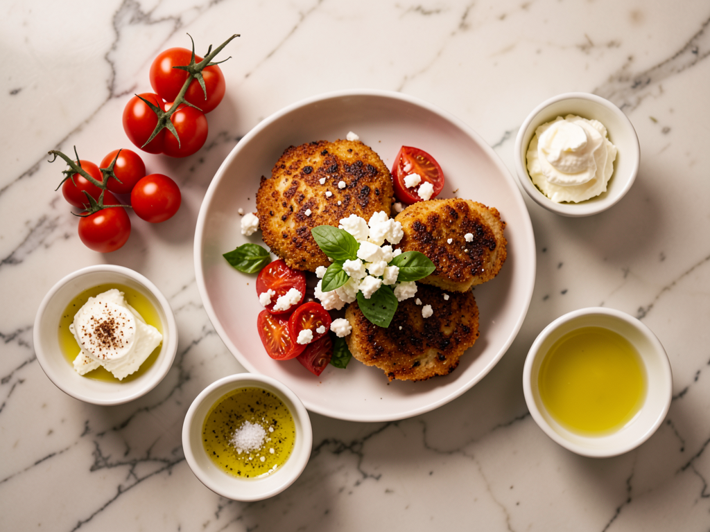 Crispy Chicken Cutlets with Whipped Feta, Roasted Tomatoes and Basil Oil