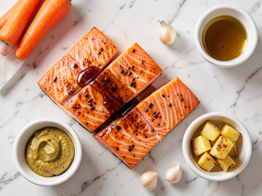 Maple Dijon Glazed Salmon with Roasted Carrots & Garlic Potatoes