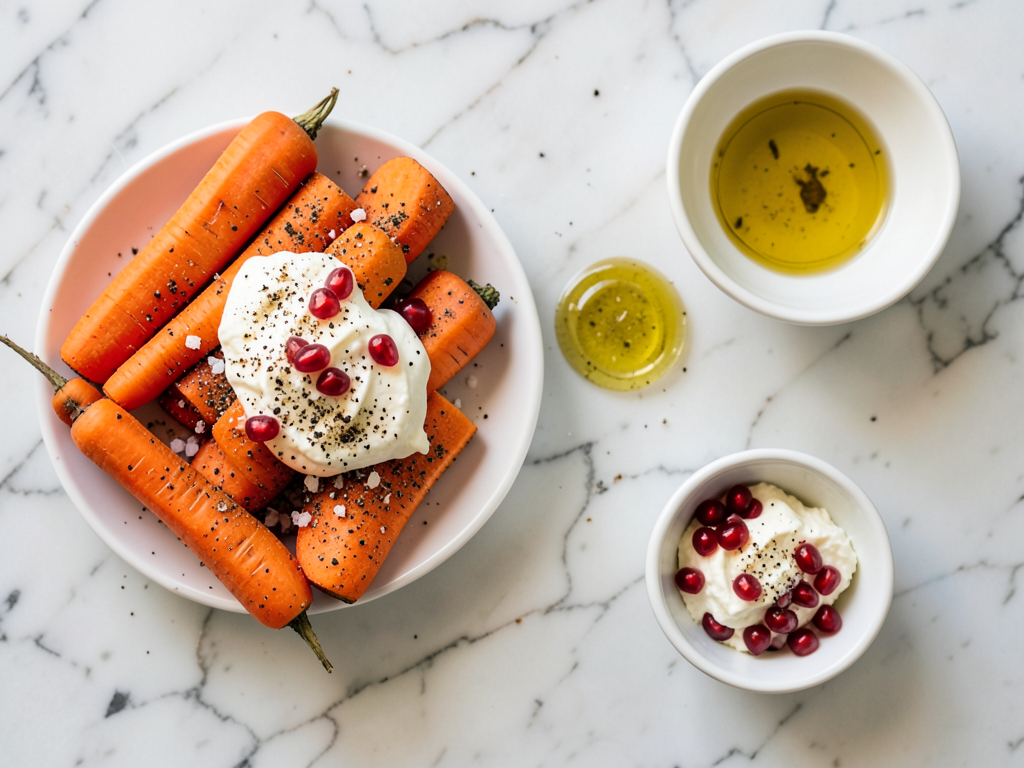 Sweet Honey Roasted Rainbow Carrots Topped with Creamy Burrata and Fresh Pomegranate