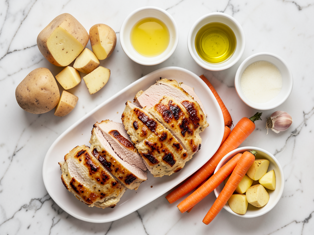 Honey Mustard Glazed Turkey Cutlets with Roasted Carrots & Garlic Potatoes