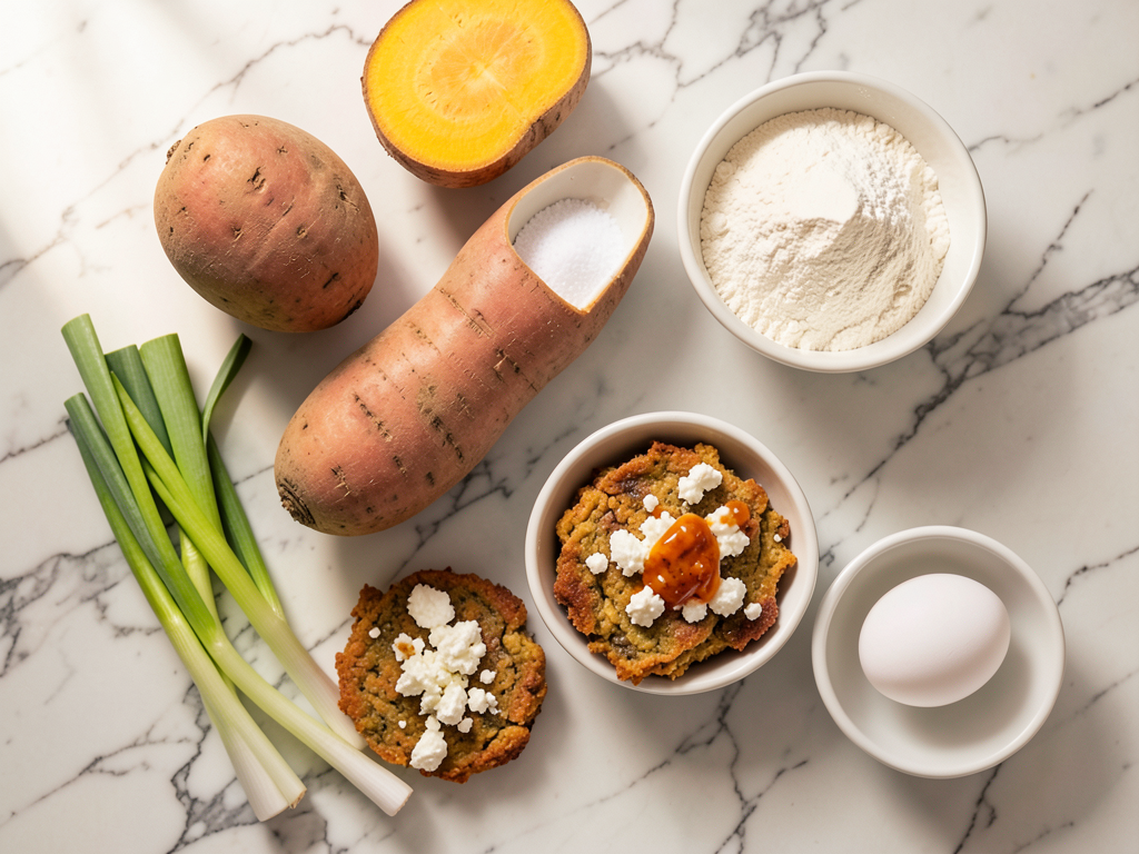 Crispy Sweet Potato Cakes with Feta Cream and Sriracha Honey