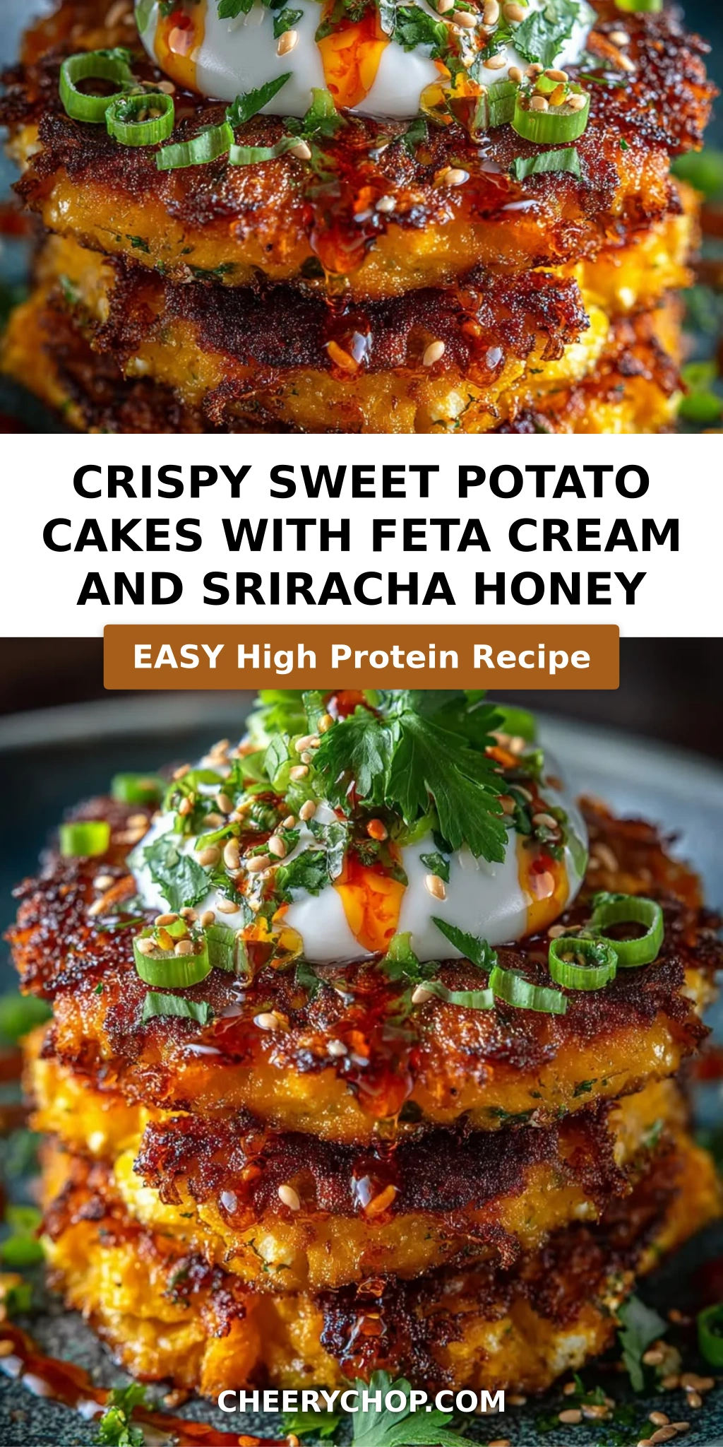 Crispy Sweet Potato Cakes with Feta Cream and Sriracha Honey