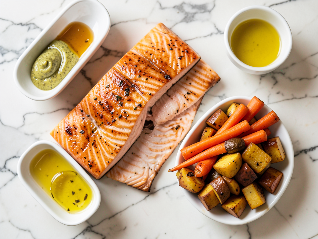 Honey Mustard Glazed Salmon with Roasted Carrots & Maple Glazed Sweet Potatoes