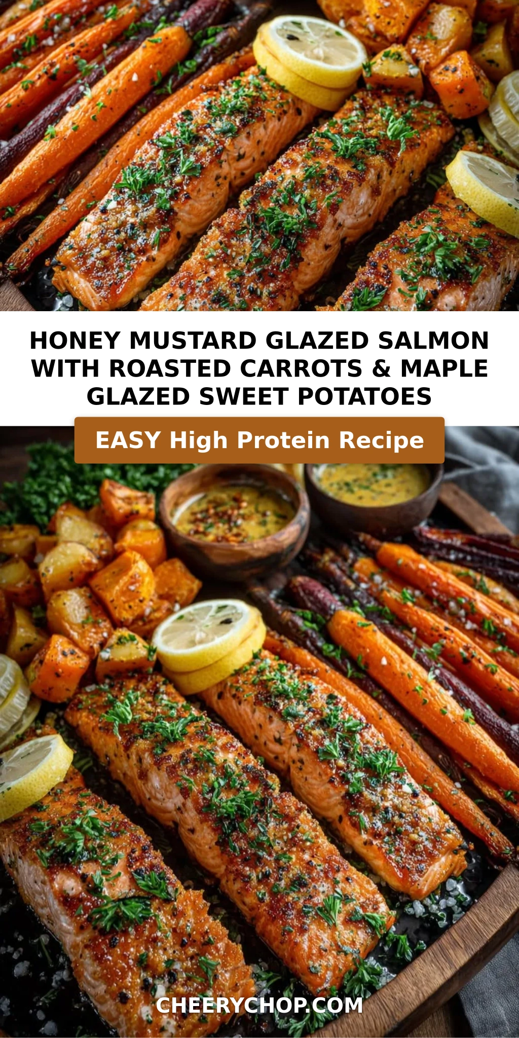 Honey Mustard Glazed Salmon with Roasted Carrots & Maple Glazed Sweet Potatoes