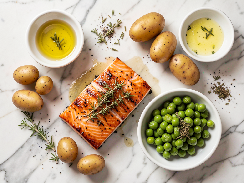 Honey Mustard Glazed Salmon with Herb Roasted Baby Potatoes & Peas