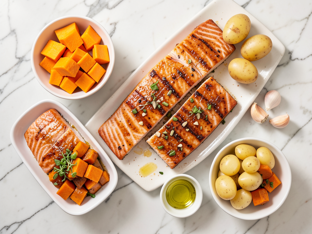 Honey Mustard Glazed Salmon with Caramelized Butternut Squash & Garlic Potatoes