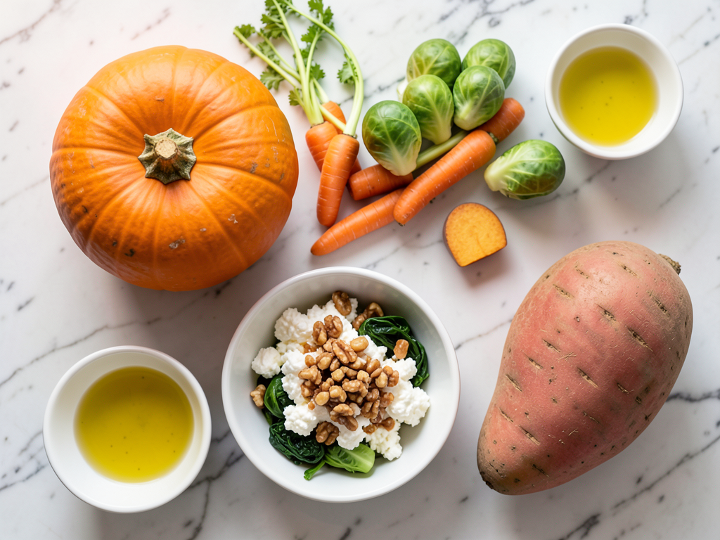 Roasted Butternut Squash, Carrots, Brussels Sprouts, and Sweet Potato with Whipped Feta, Hot Honey & Crunchy Walnuts
