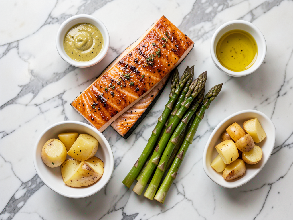 Honey Mustard Glazed Salmon with Roasted Asparagus Spears & Garlic Potatoes