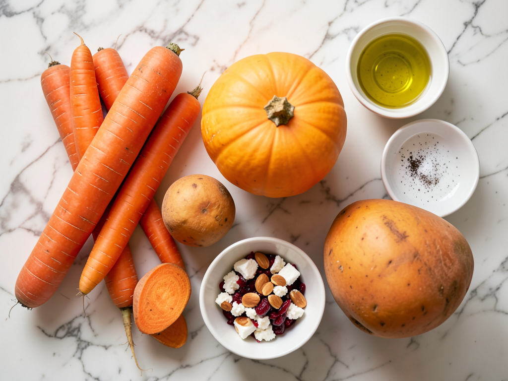 Carrot, Pumpkin & Sweet Potato Bake with Feta, Almonds & Maple Cranberry Drizzle