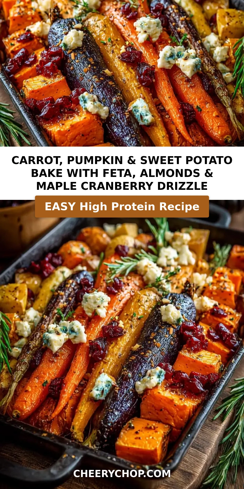 Carrot, Pumpkin & Sweet Potato Bake with Feta, Almonds & Maple Cranberry Drizzle
