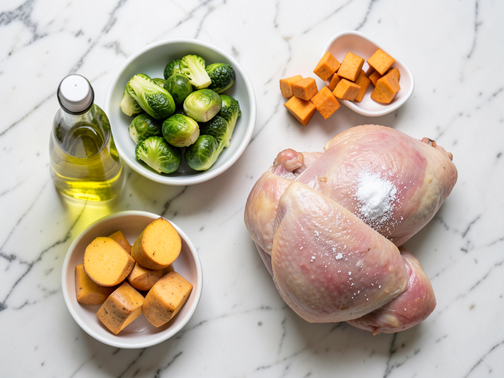 One-Pot Baked Chicken Thighs with Brussels and Sweet Potato