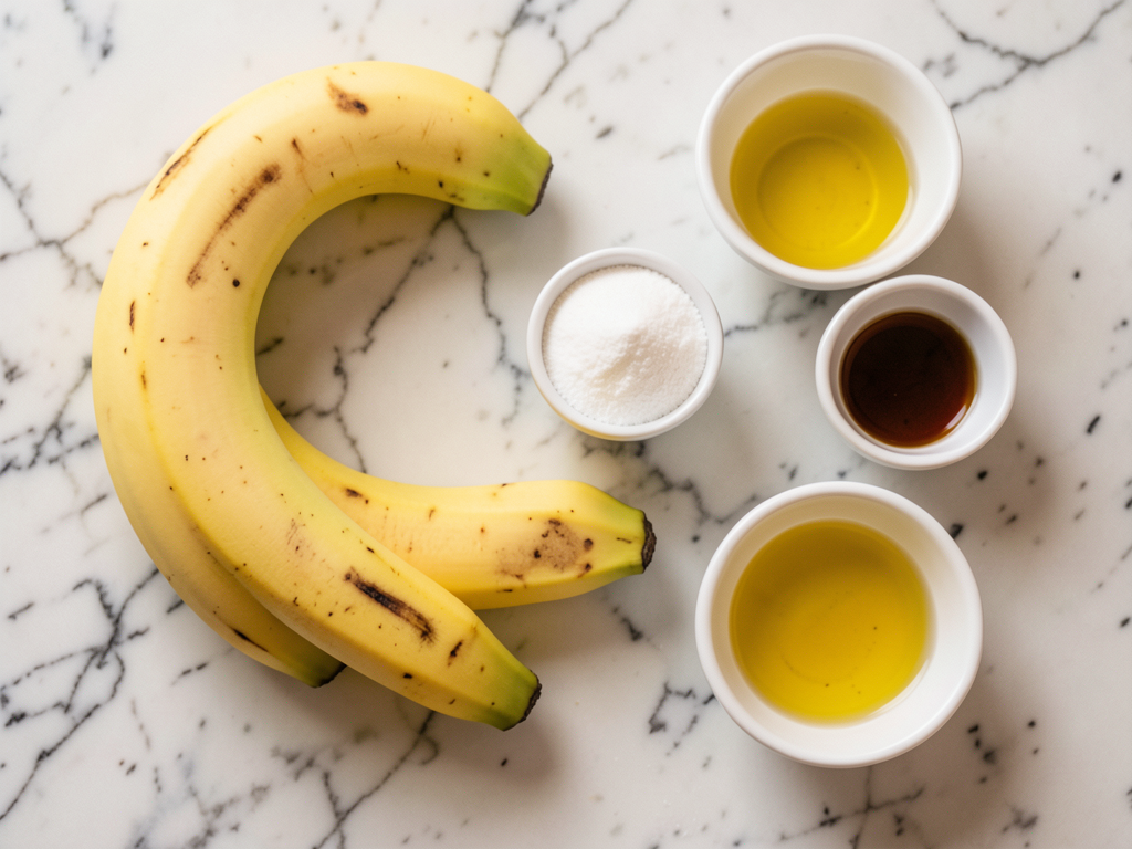 Super Moist Banana Bread Recipe ingredients laid out on a rustic table