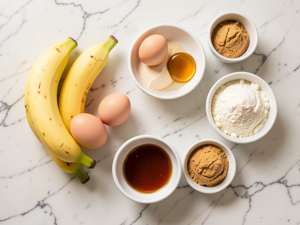 Paleo Coconut Flour Banana Bread Muffins ingredients laid out on a kitchen counter