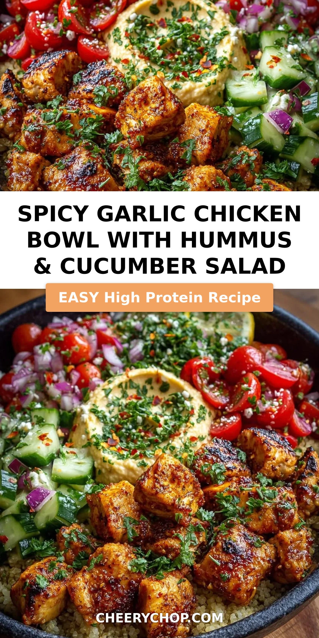 Spicy Garlic Chicken Bowl with Hummus & Cucumber Salad