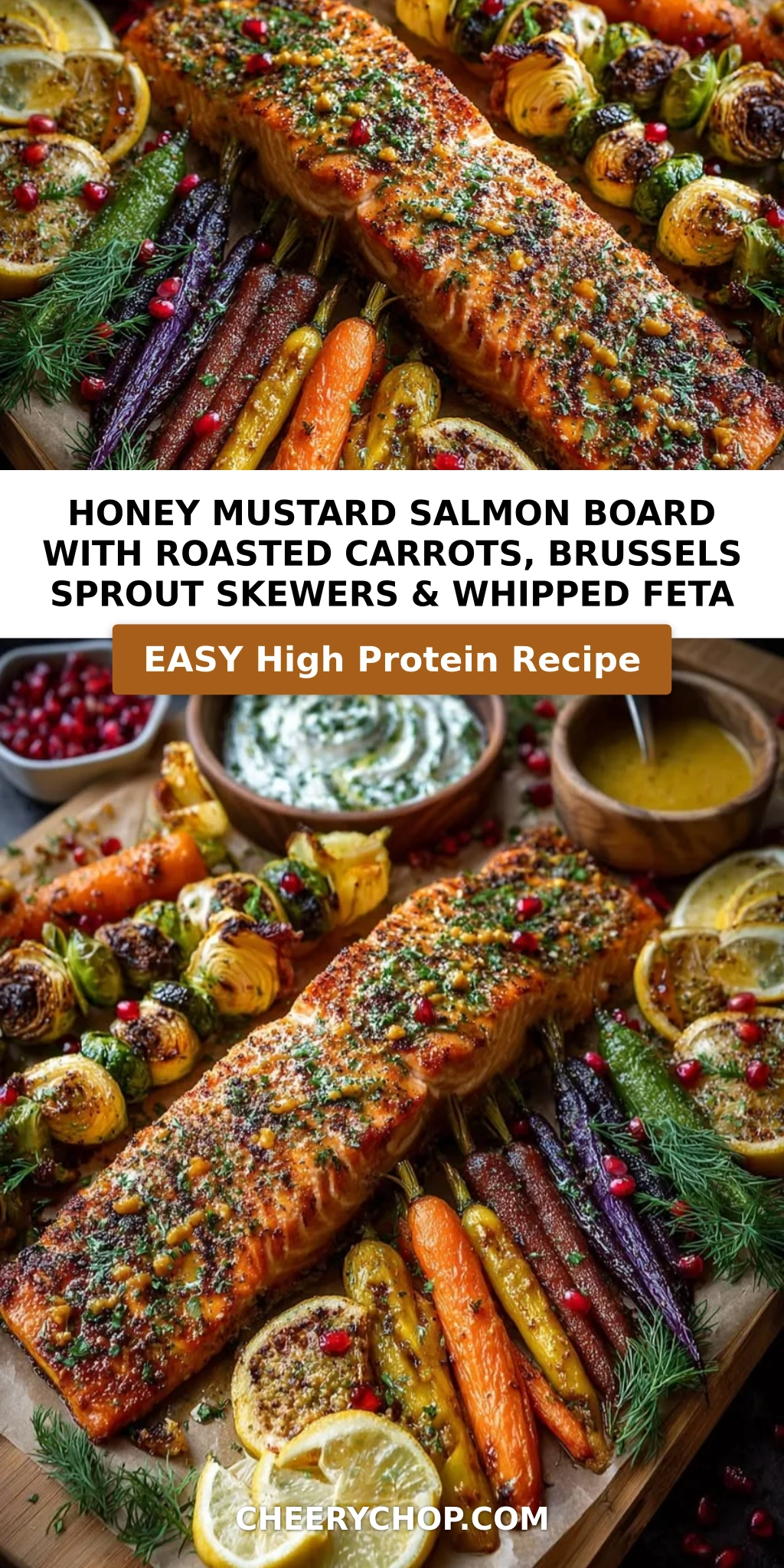 Honey Mustard Salmon Board with Roasted Carrots, Brussels Sprout Skewers & Whipped Feta