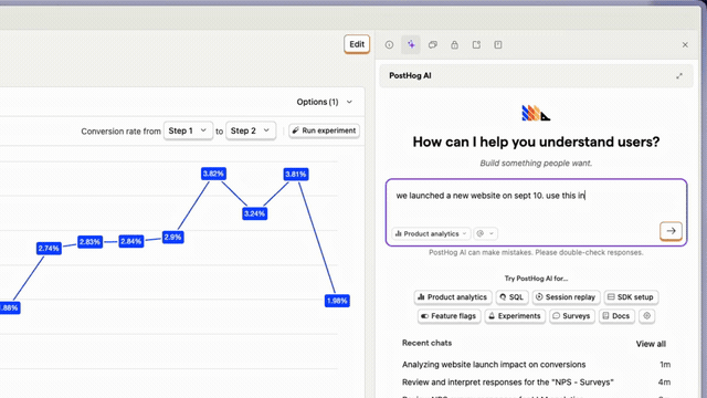 PostHog AI analyzing a website conversion insight
