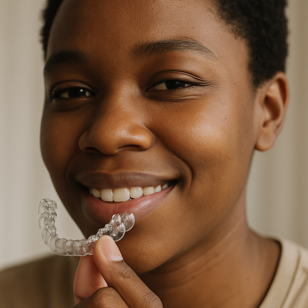 Professional demonstrating Invisalign clear aligners