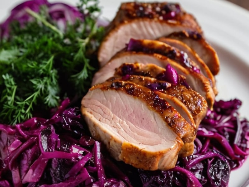 Pan-Seared Pork with Braised Red Cabbage close-up