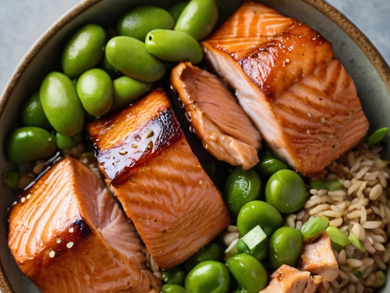 Teriyaki Salmon Bowls with Edamame close-up