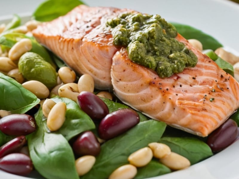 High Protein Pesto Salmon & Bean Salad close-up