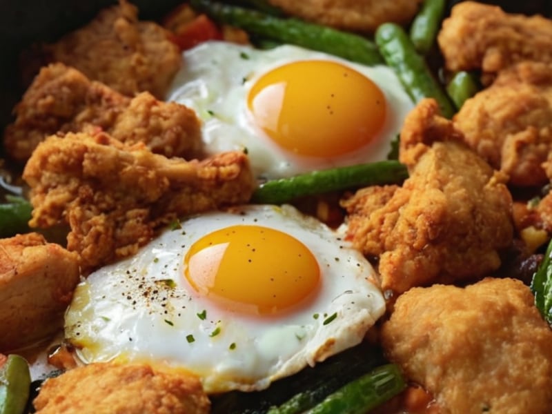Frozen Veggie Sauté with Fried Eggs close-up