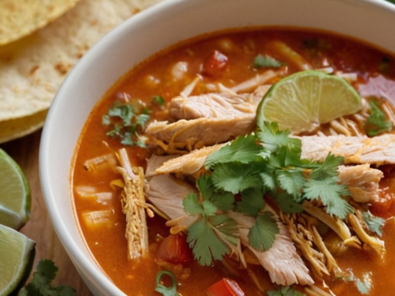 One-Pot Baja Fish Taco Soup with Crispy Tortilla Strips close-up