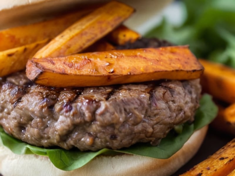 Macro-Friendly Bison Burgers with Sweet Potato Fries close-up