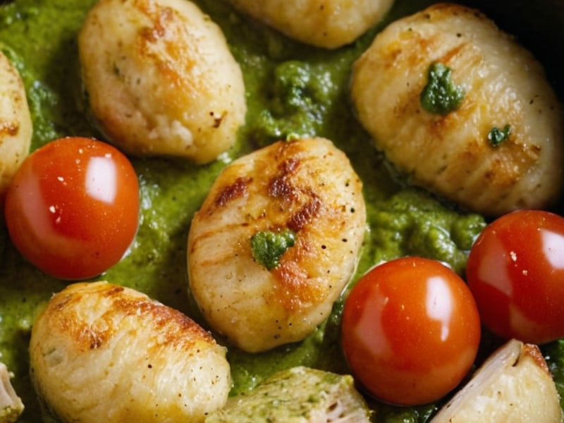 Air Fryer Cauliflower Gnocchi with Pesto & Cherry Tomatoes close-up