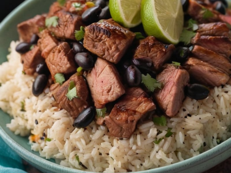 Skillet Beef Carne Asada Bowls with Black Beans & Lime Rice close-up