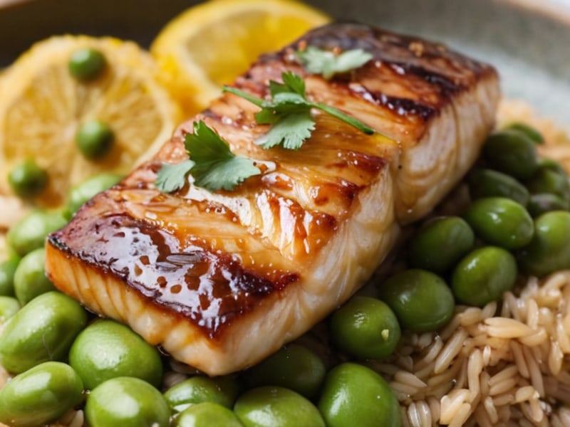 One-Pan Miso-Glazed Cod with Edamame & Brown Rice close-up