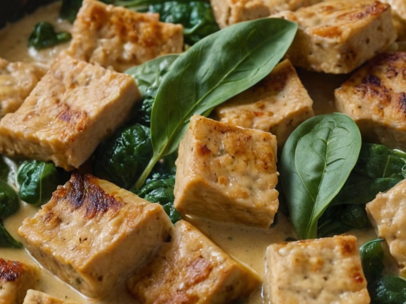 Creamy Tuscan Tempeh Skillet with Spinach & Sun close-up