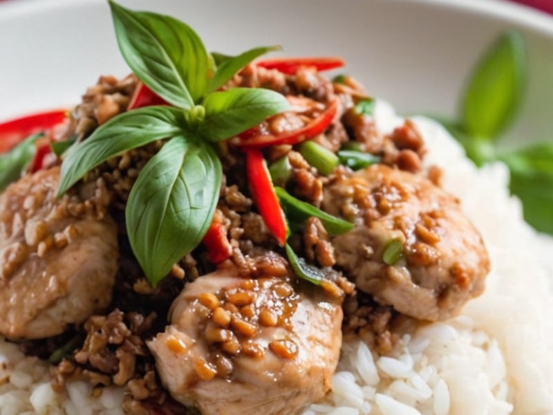 20-Minute Thai Basil Ground Pork Over Jasmine Rice close-up