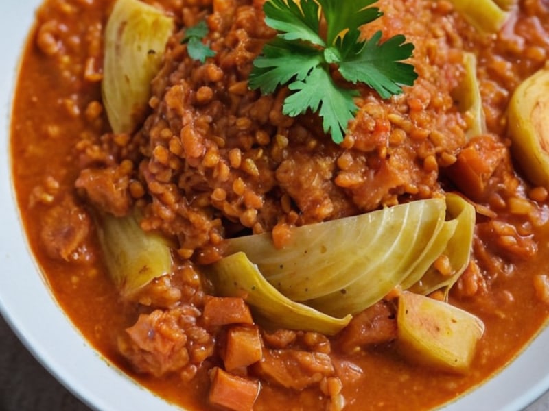 Turkish Cabbage & Red Lentil Stew (25g Fiber Per Bowl) close-up