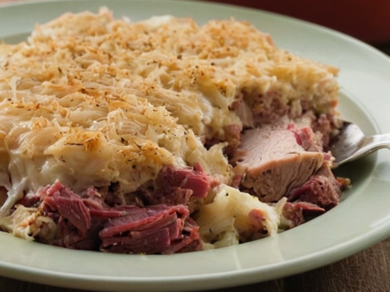 Reuben Casserole with Sauerkraut, Swiss & Rye Breadcrumbs (Leftover Corned Beef Fix) close-up