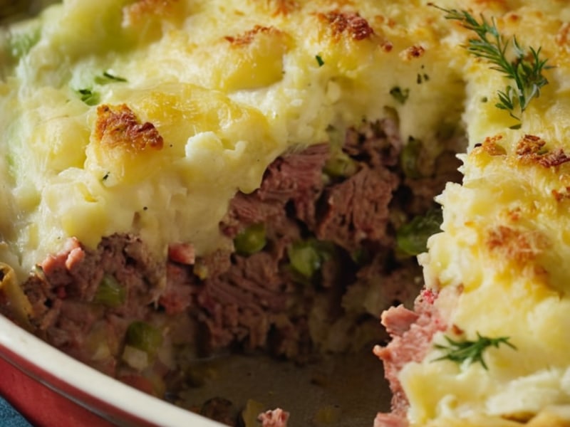 Leftover Corned Beef & Cabbage Shepherd's Pie with Colcannon Topping close-up