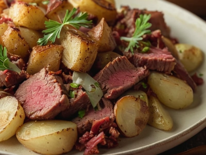 Corned Beef Hash Skillet with Leftover Cabbage & Crispy Potatoes close-up