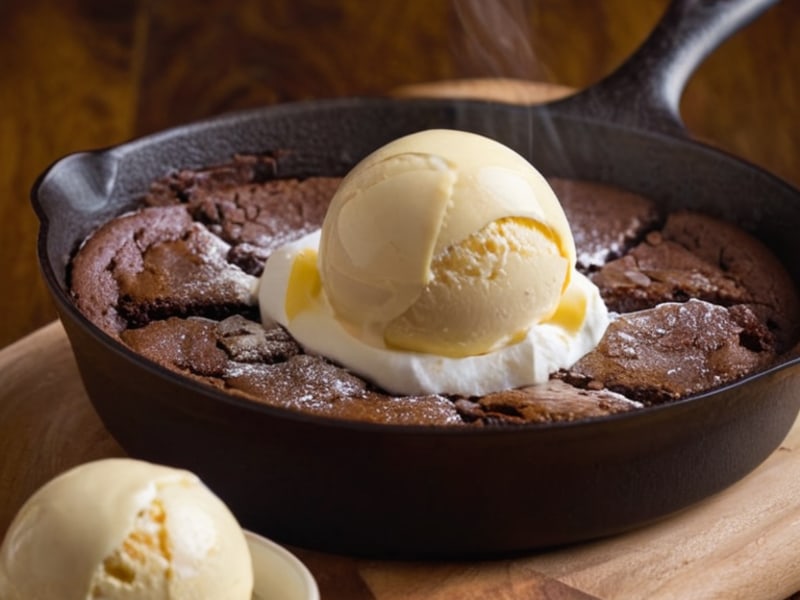 Warm Brownie Skillet with Vanilla Ice Cream (Shareable Dessert close-up