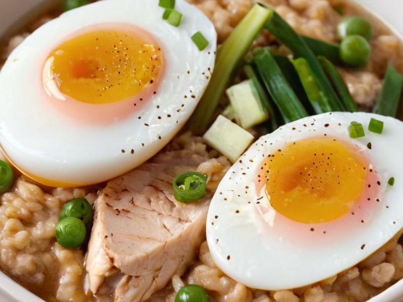 Savory Oatmeal with Soft-Boiled Egg, Miso & Scallions close-up