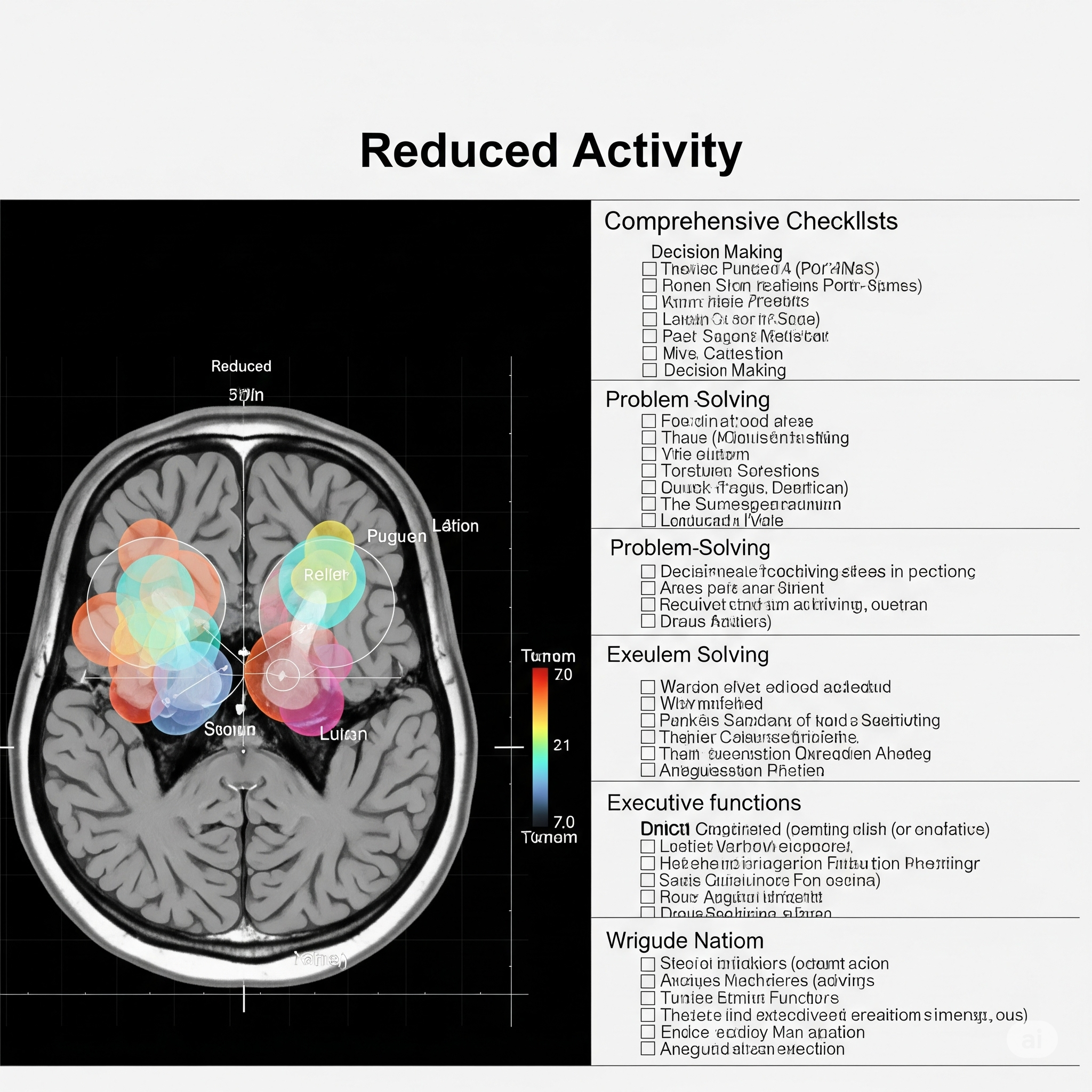 Brain scan showing reduced activity with checklists