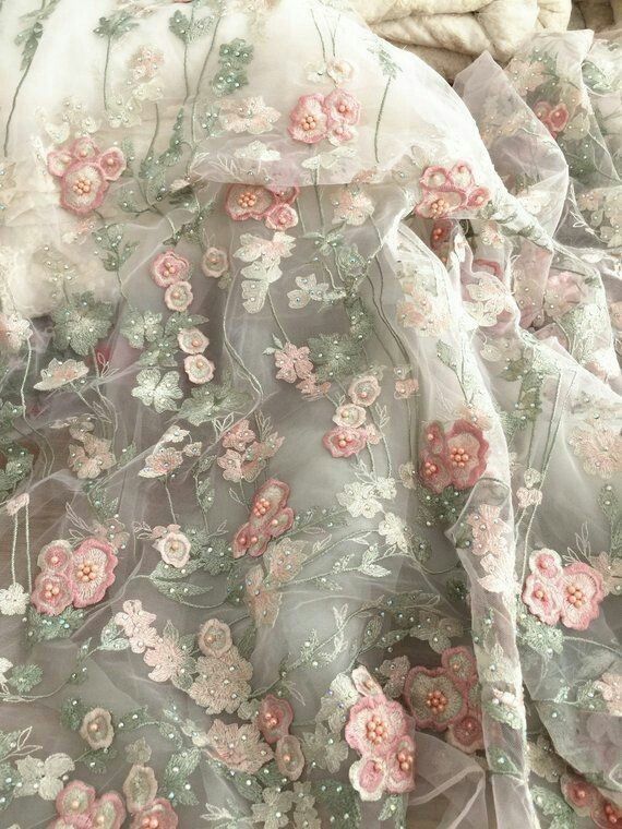 Enchanted Garden Sage Tulle Export - Whimsical Pink Floral Embroidery for Global Fairytale Collections