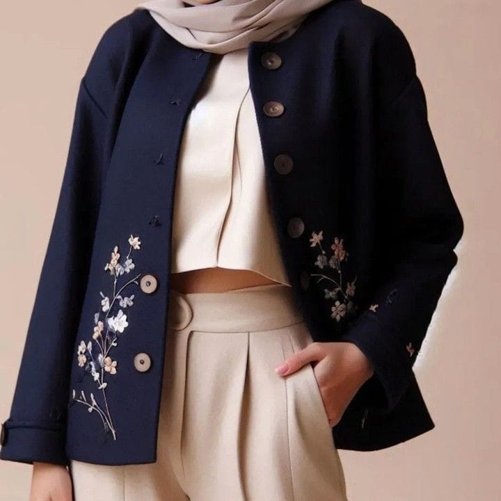 Navy Elegance Embroidered Jacket Export - Sophisticated Floral Couture for Global Contemporary Fashion
