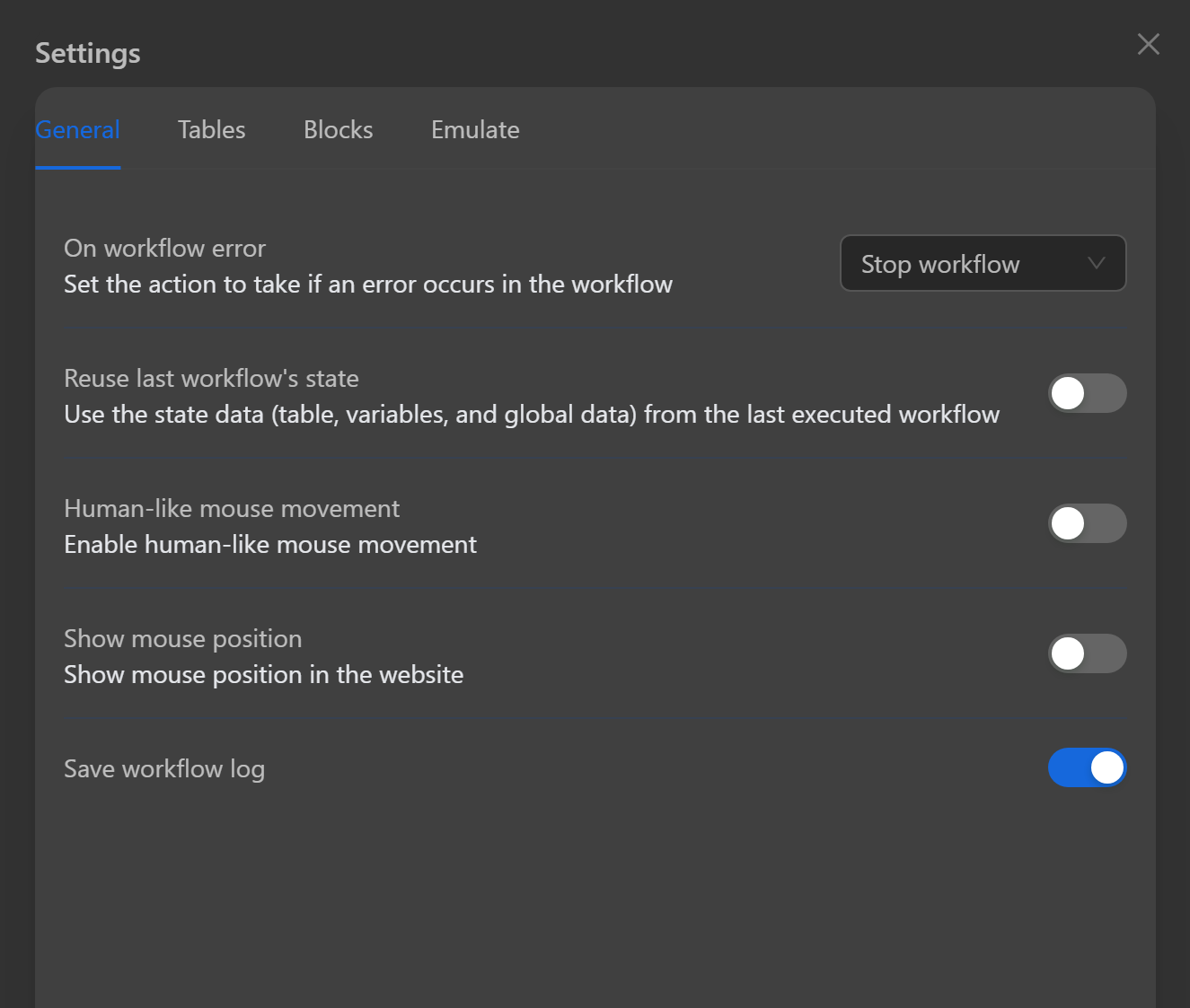 workflow settings