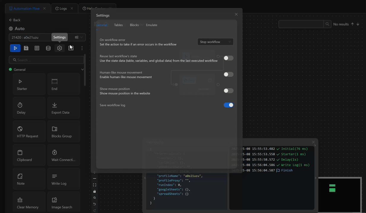 workflow settings