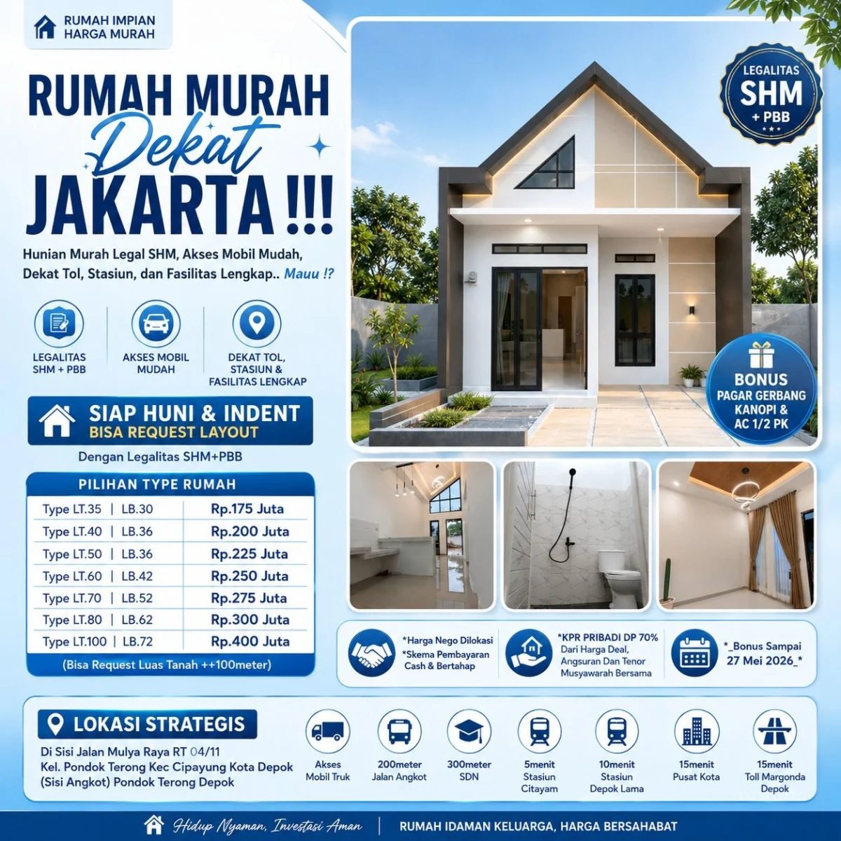 Rumah Baru 2 Kamar Tidur LB 30m² LT 35m² di KOTA DEPOK - Dekat Tol, Cluster Aman