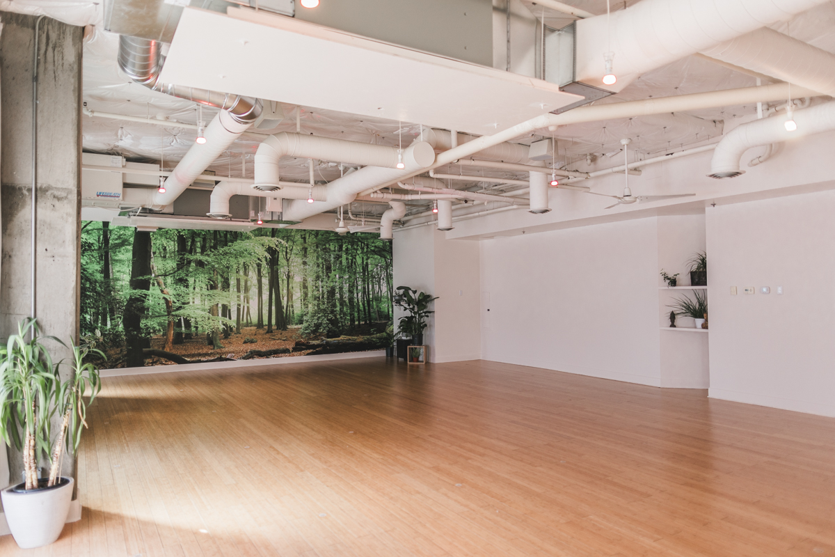 A view into the practice room at Arise Yoga Kirkland, sunlight on the floor