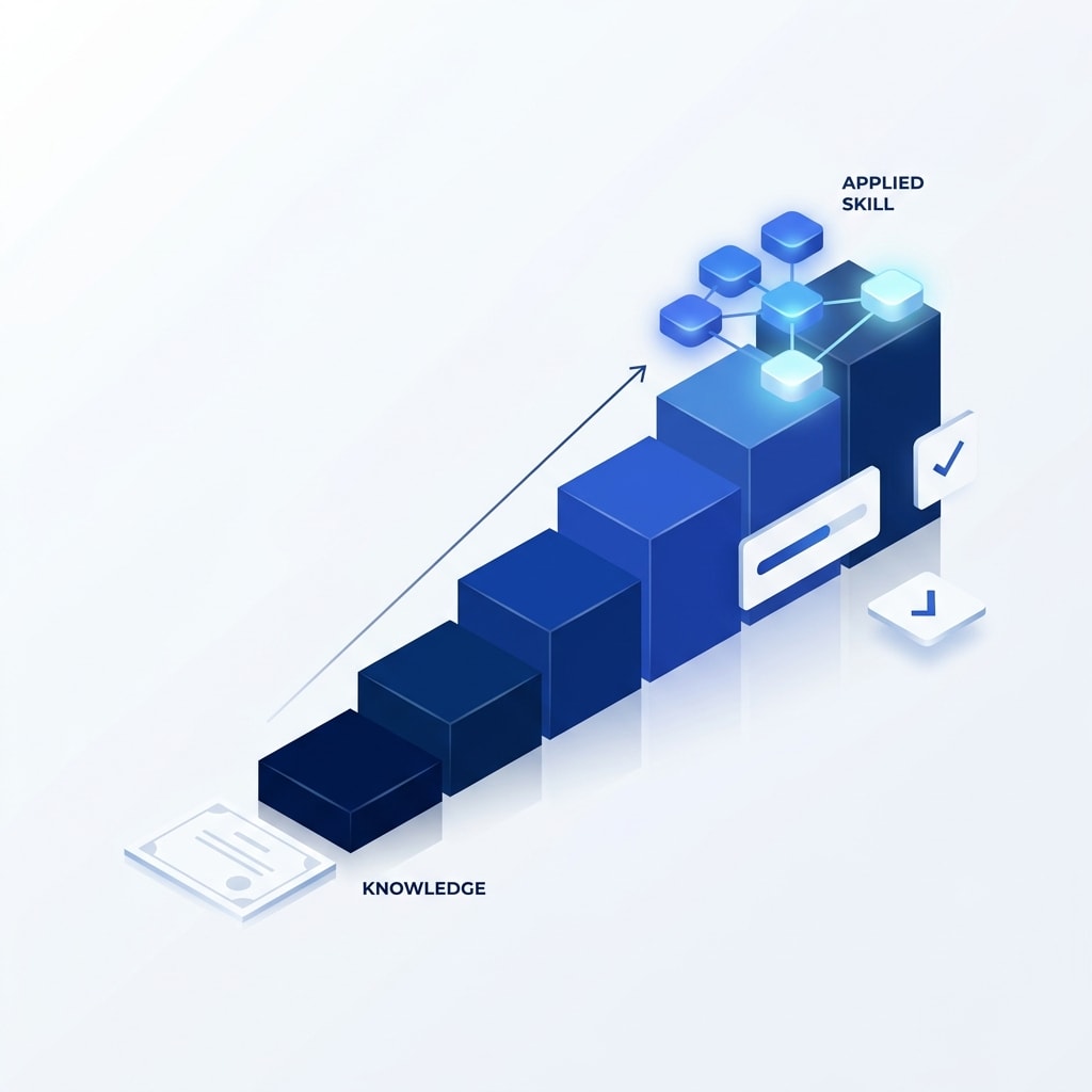 A rising path of blue blocks leading from a paper certificate up to a cluster of connected skill nodes, showing the shift from credentials to applied skills.