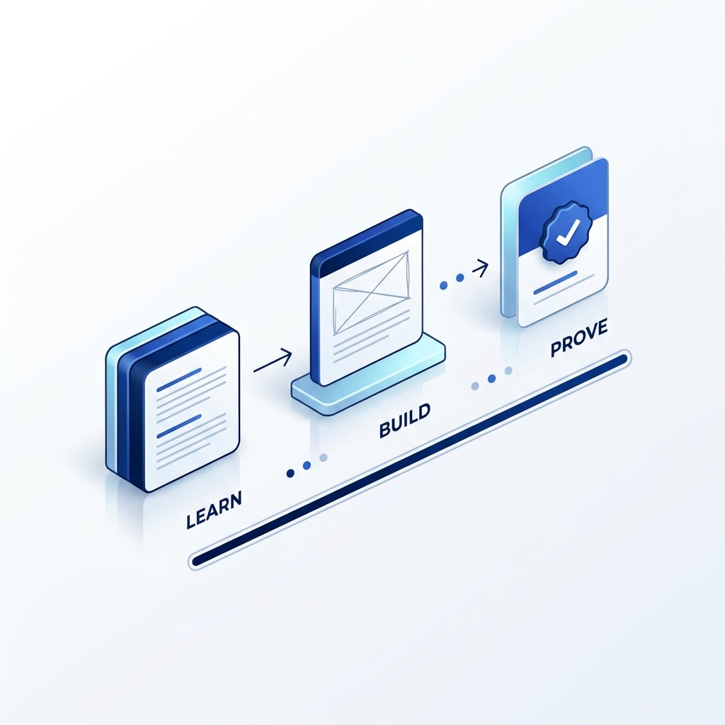 A three-stage workflow moving from a learning module, to a hands-on project panel, to a finished portfolio card marked with a checkmark.