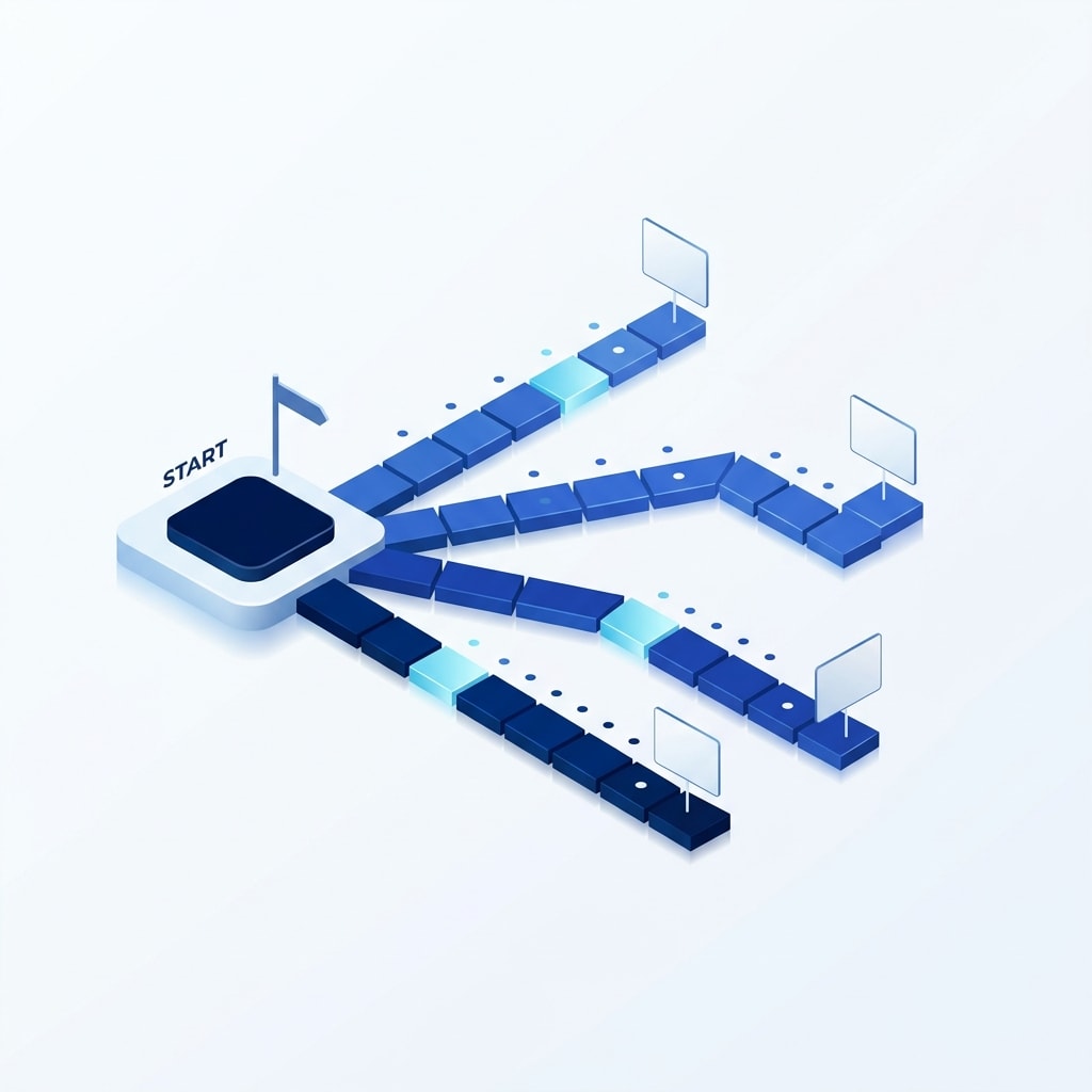 A single starting node branching into several separate blue paths, each ending in a small labelled card, representing the choice of which skill to learn first.