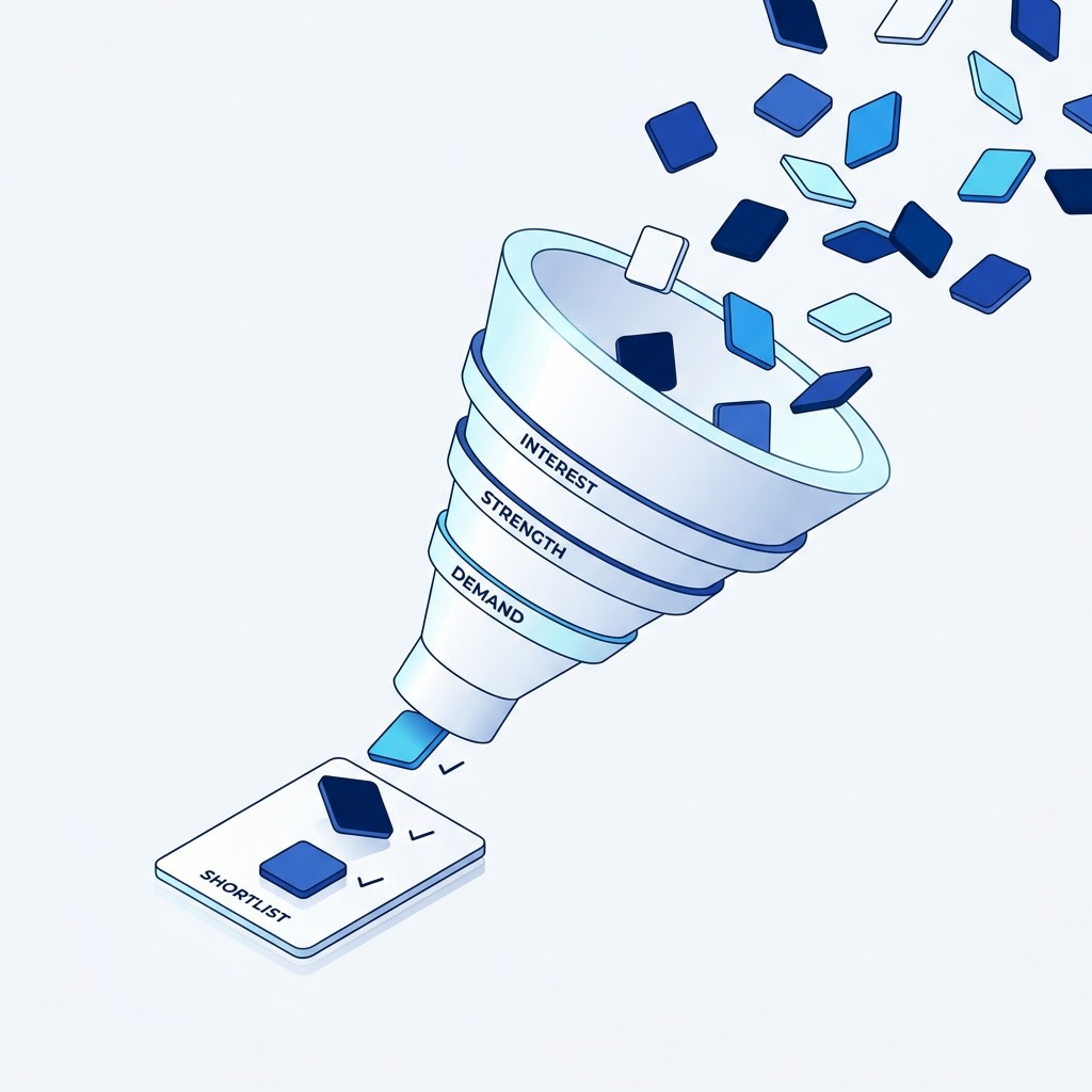 Many small option tiles entering the top of a funnel and three passing through into a shortlist card below.