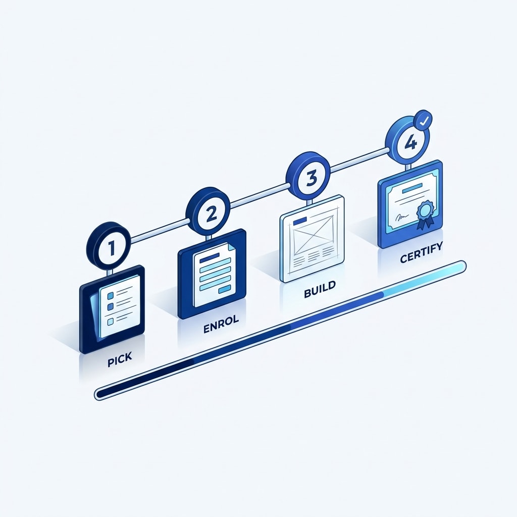 A four-step timeline running left to right with numbered nodes: pick a track, enrol, build a project, get certified.